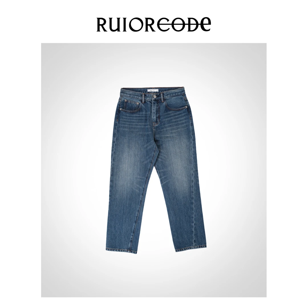 【RUIORCODE】同侧斜线中腰水洗蓝九分小直筒牛仔裤  理性消费