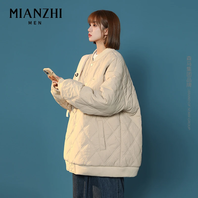 棉致棒球领棉衣男冬季加厚时尚潮牌菱格休闲情侣夹克百搭宽松外套