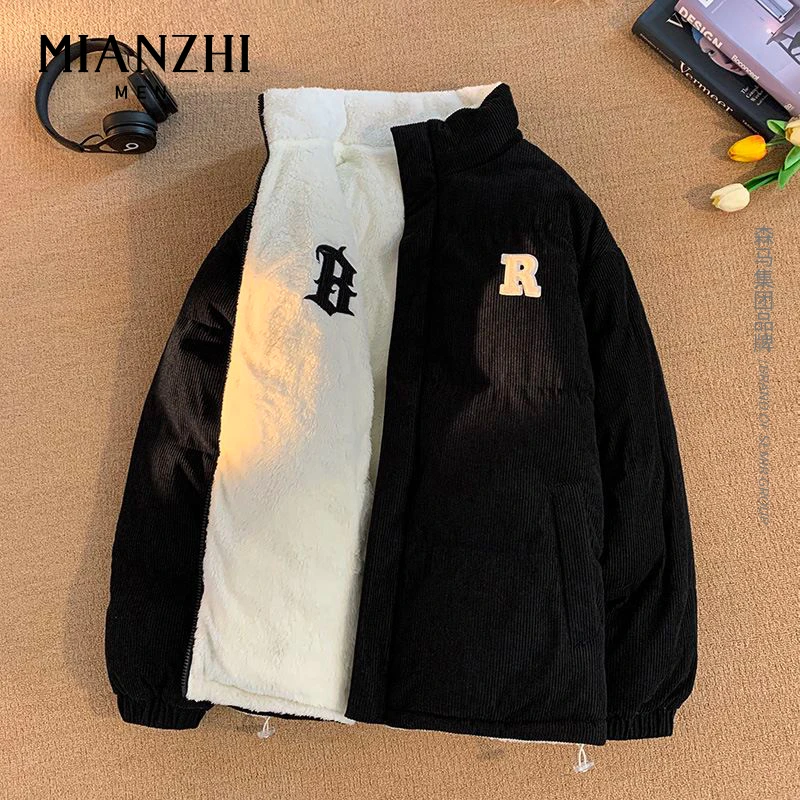 棉致羊羔绒冬季棉服男立领两面穿宽松潮牌灯芯绒刺绣棉衣