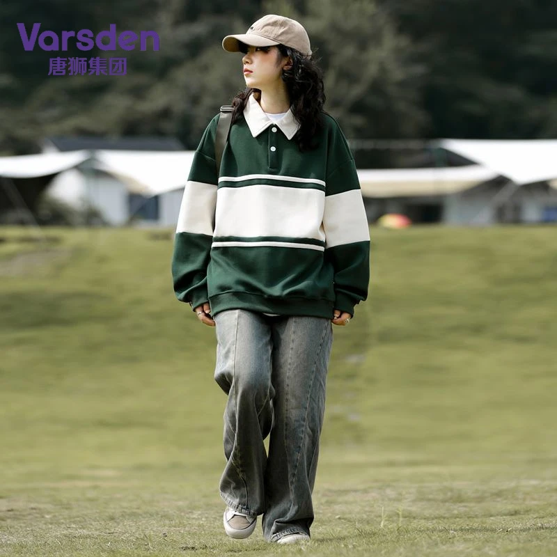 唐狮集团Varsden卫衣男条纹秋季慵懒风复古拼色小众Polo领外套潮