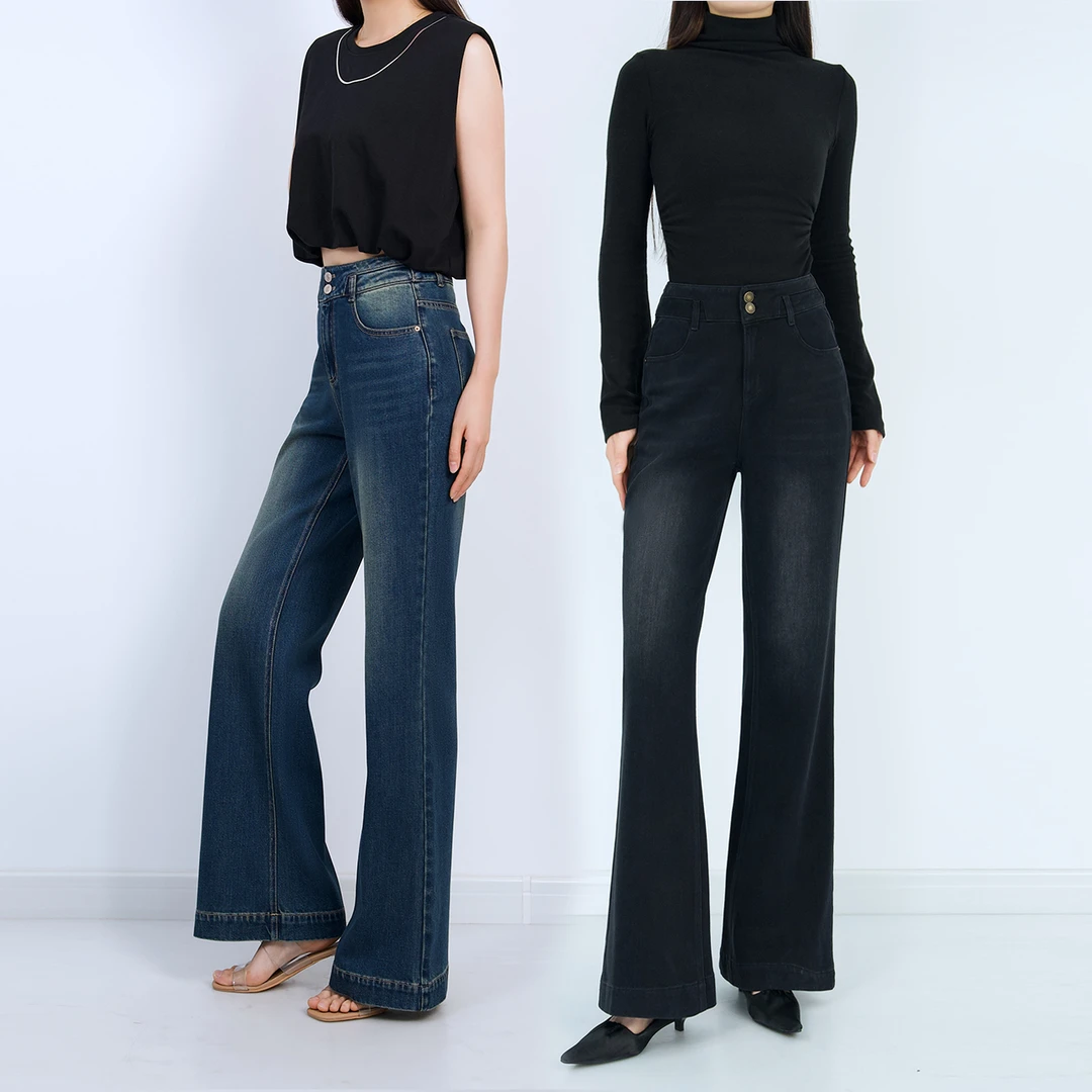 【双扣大筒喇】春秋款莱赛尔直筒喇叭牛仔女阔腿裤高腰9033微喇