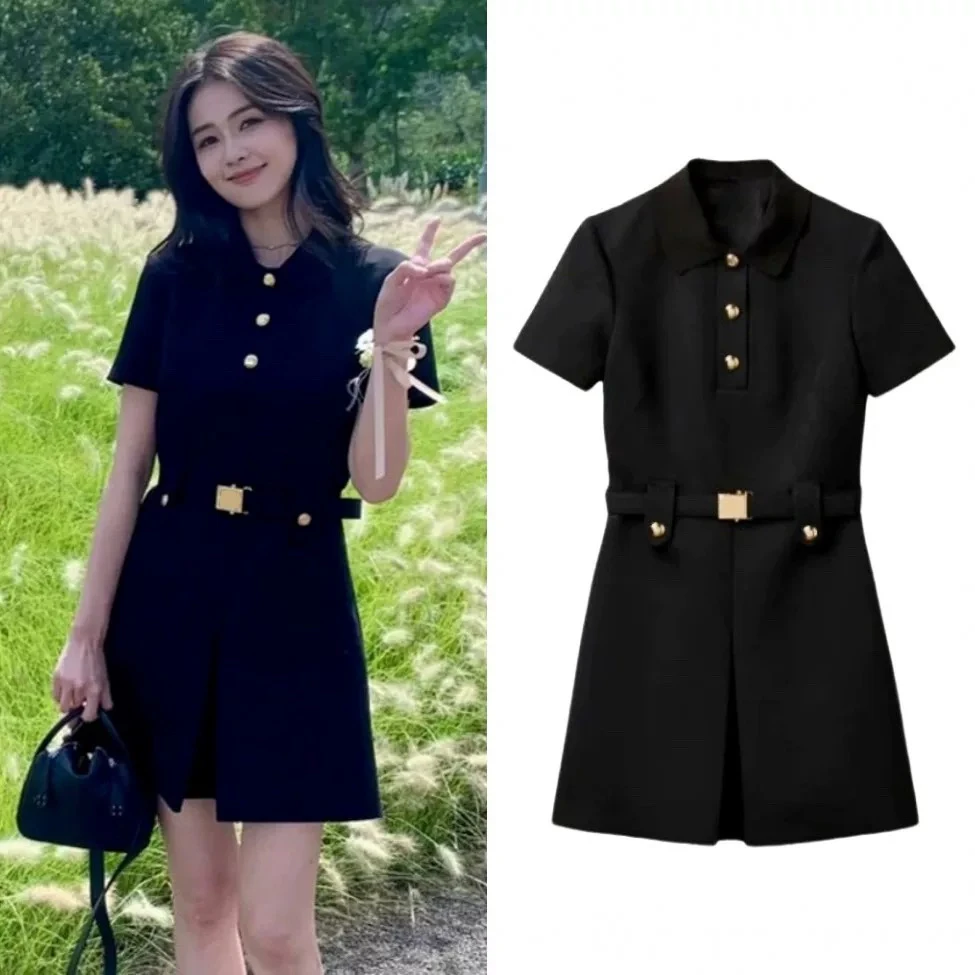 白鹿同款黑色polo领小香风收腰显瘦高级感法式甜美A字短裙连衣裙