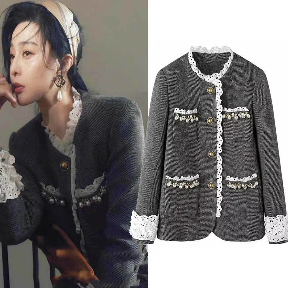 范冰冰同款灰色小香风毛呢外套秋冬拉菲姆宫廷风时尚钉珠蕾丝上衣