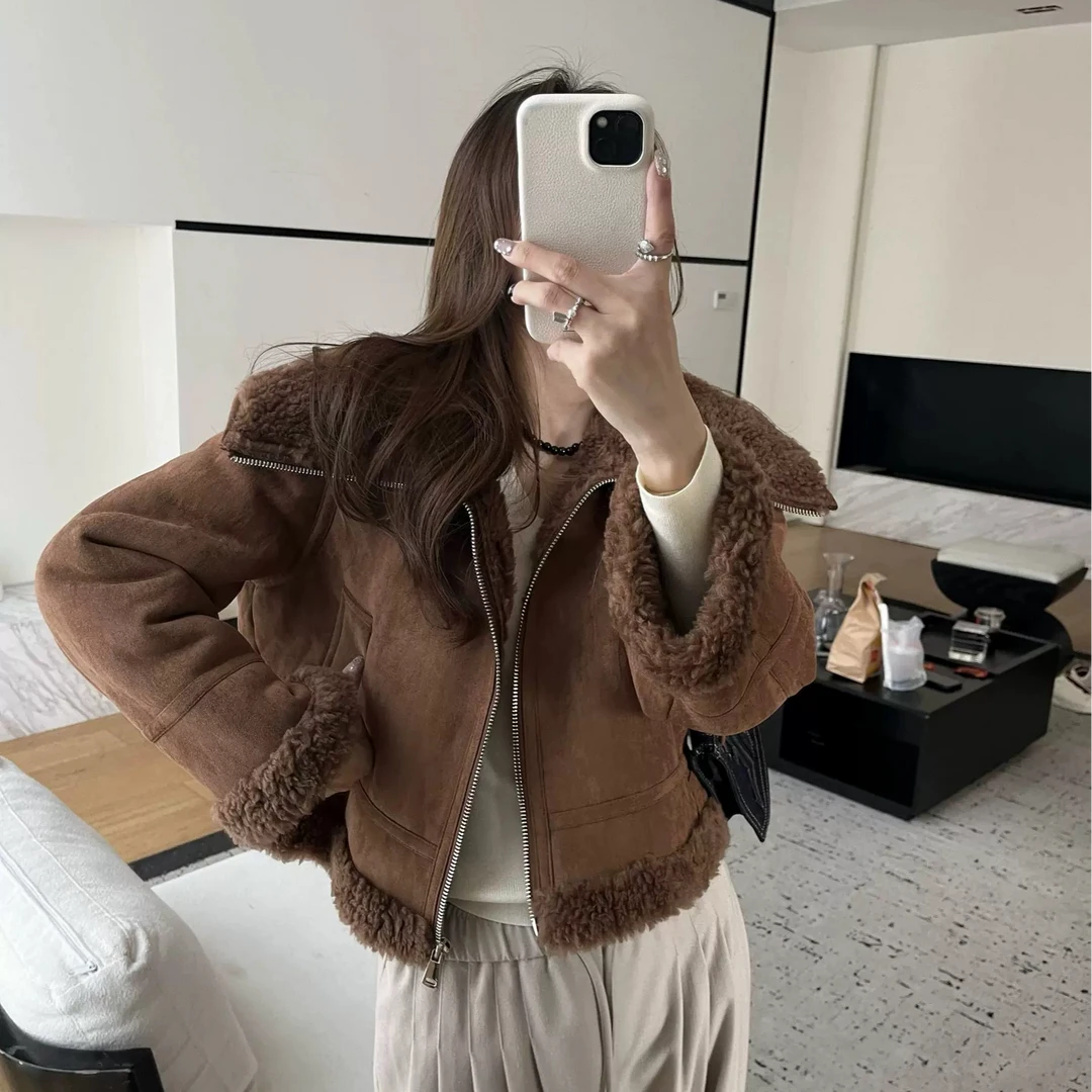 【锦衣服饰】8285百搭翻领韩系加厚皮毛一体外套