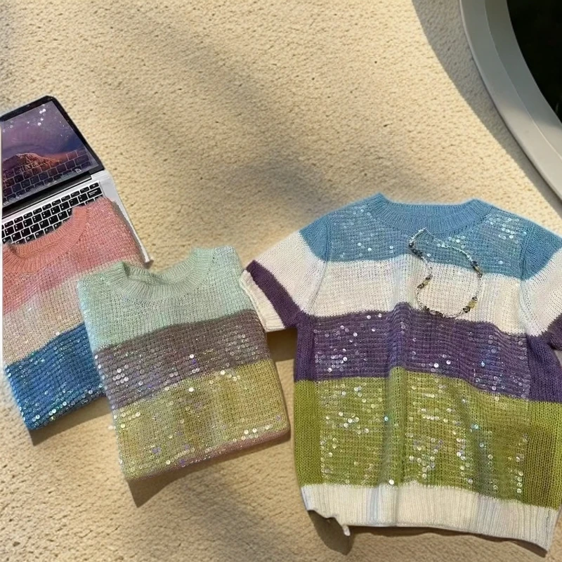 【锦衣服饰】1155韩系撞色亮片百搭针织衫