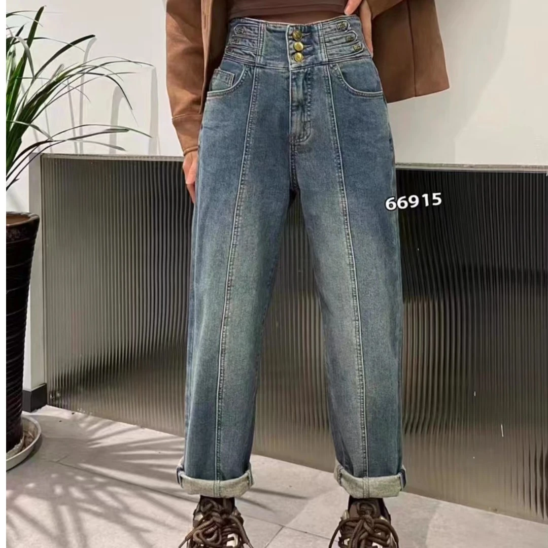 【锦衣服饰 底抓毛】66915蓝色三粒扣牛仔垮裤