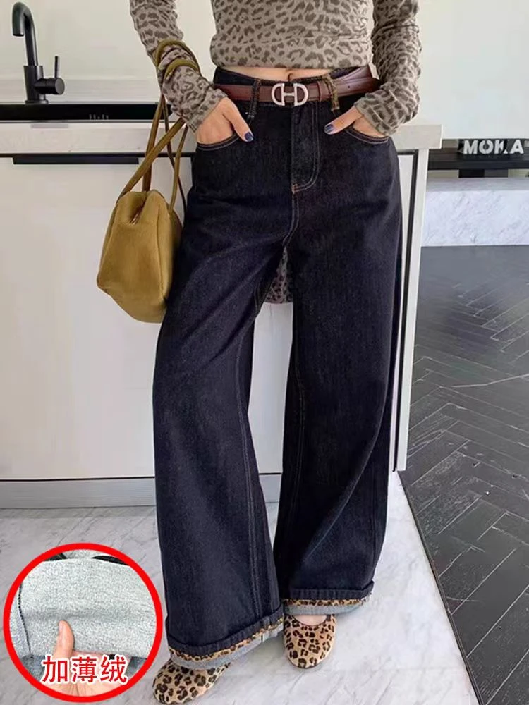 【锦衣服饰】3701翻边豹纹撞色加绒直筒裤