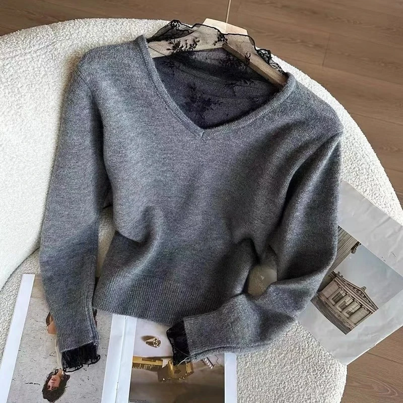 【锦衣服饰】126法式V领蕾丝拼接百搭打底