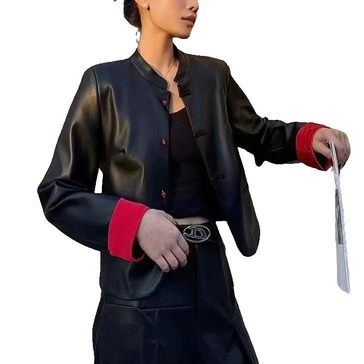 【锦衣服饰】王8027新中式复古盘扣袖口撞色皮衣