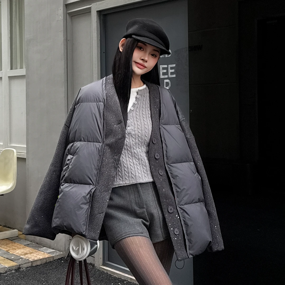 【锦衣服饰】ZX 69117时尚V领亮片拼接羽绒外套