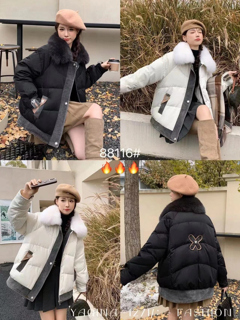 【锦衣服饰】雅88116牛仔拼接大毛领皮毛一体短款羽绒服