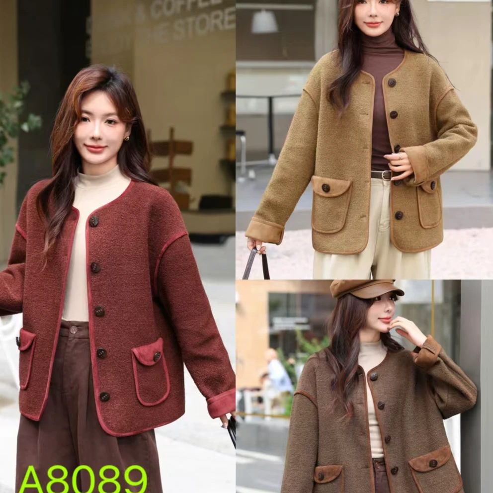 【锦衣服饰】8089大口袋皮毛一体一排扣外套