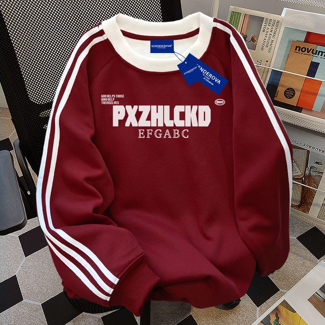 慵懒复古国潮字母印花三条杠圆领卫衣女秋冬加绒休闲独特别致上衣