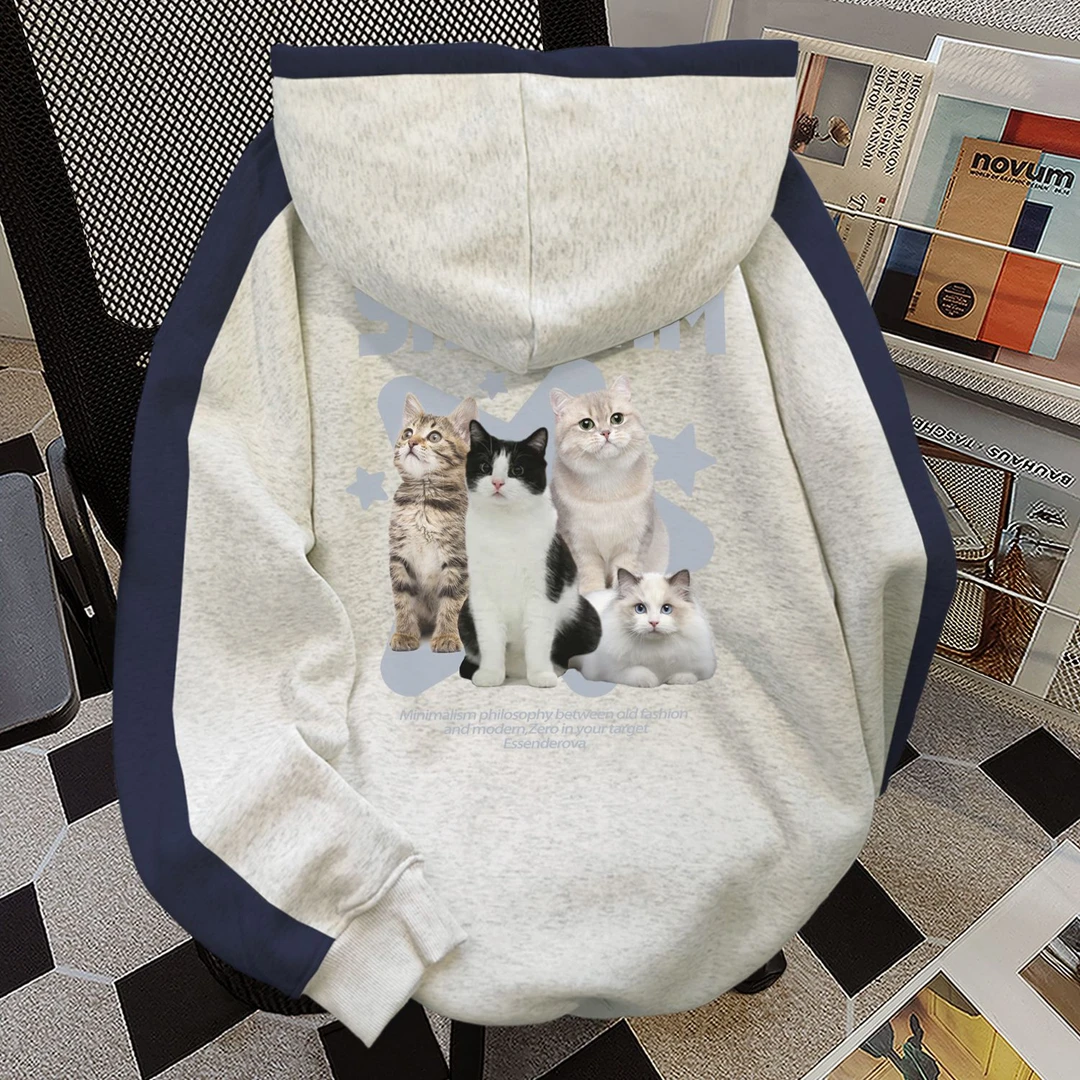 小众慵懒趣味猫咪可爱拼接款连帽卫衣女秋冬加绒宽松潮牌情侣外套