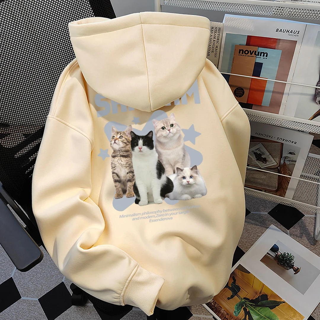 韩版慵懒猫猫纯色连帽卫衣女秋冬oversize设计感学生宽松加绒上衣