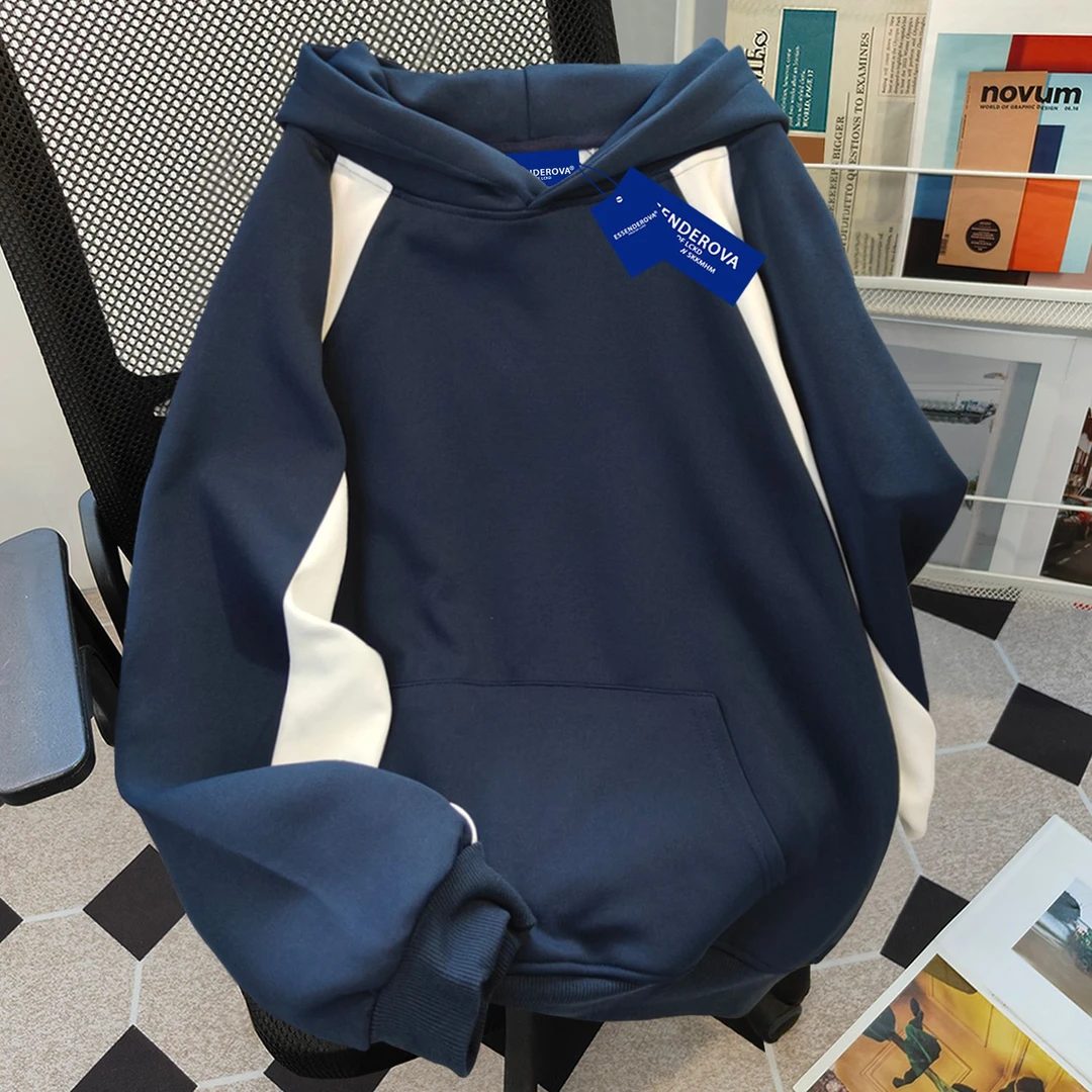 美式复古个性高街女秋冬加绒拼接连帽卫衣2025新款简约通勤女上衣