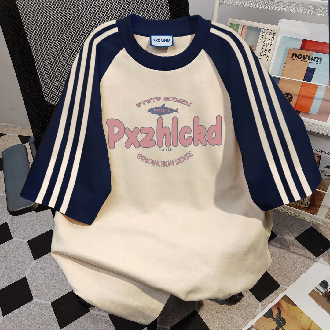 100%纯棉小众设计三条杠短袖印花t恤夏季新款通勤宽松情侣上衣ins