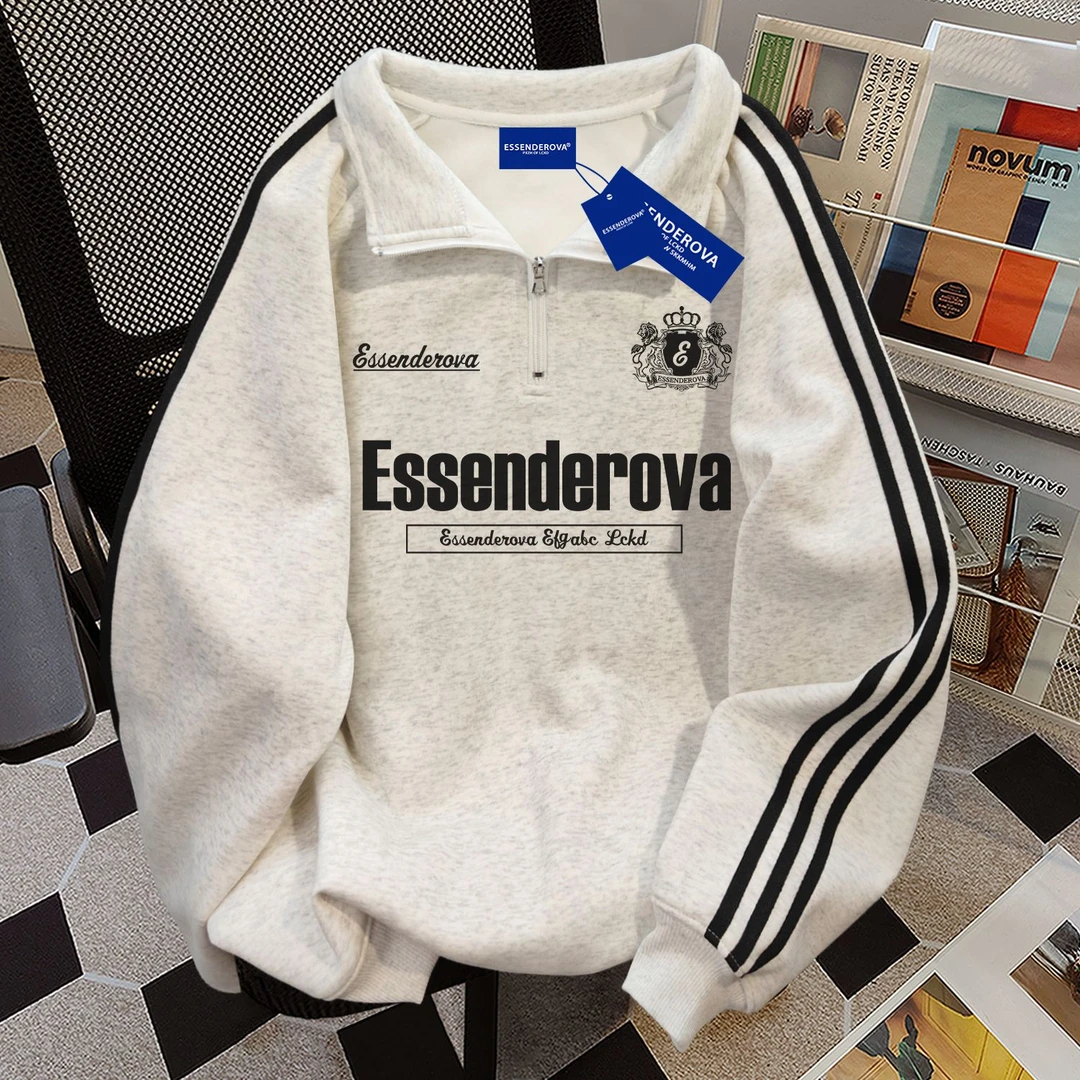 慵懒复古小众潮牌字母半拉链卫衣女秋冬加绒通勤复古百搭学生上衣