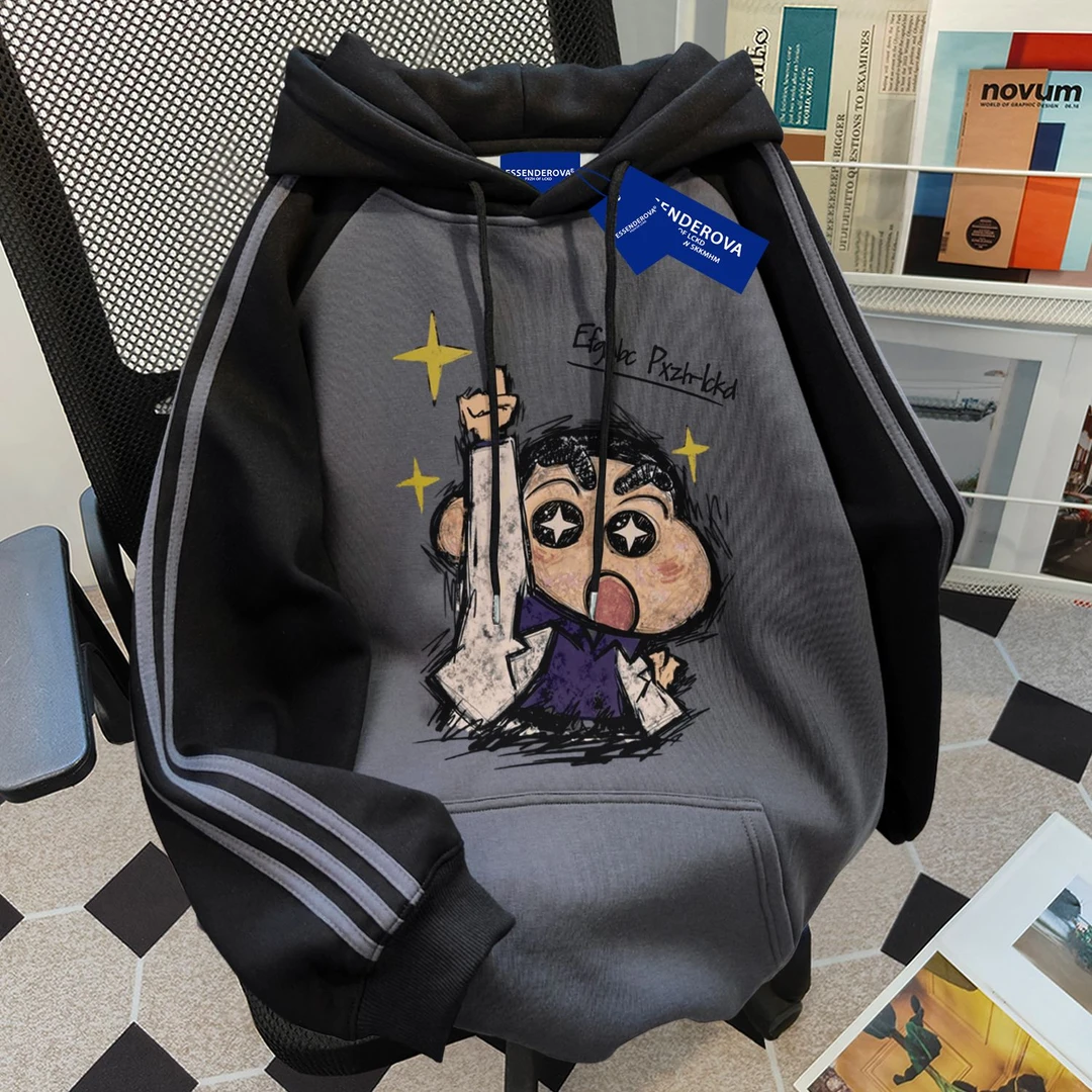 美式慵懒ins潮牌个性三条杠拼接连帽卫衣男女秋冬加绒学院风上衣