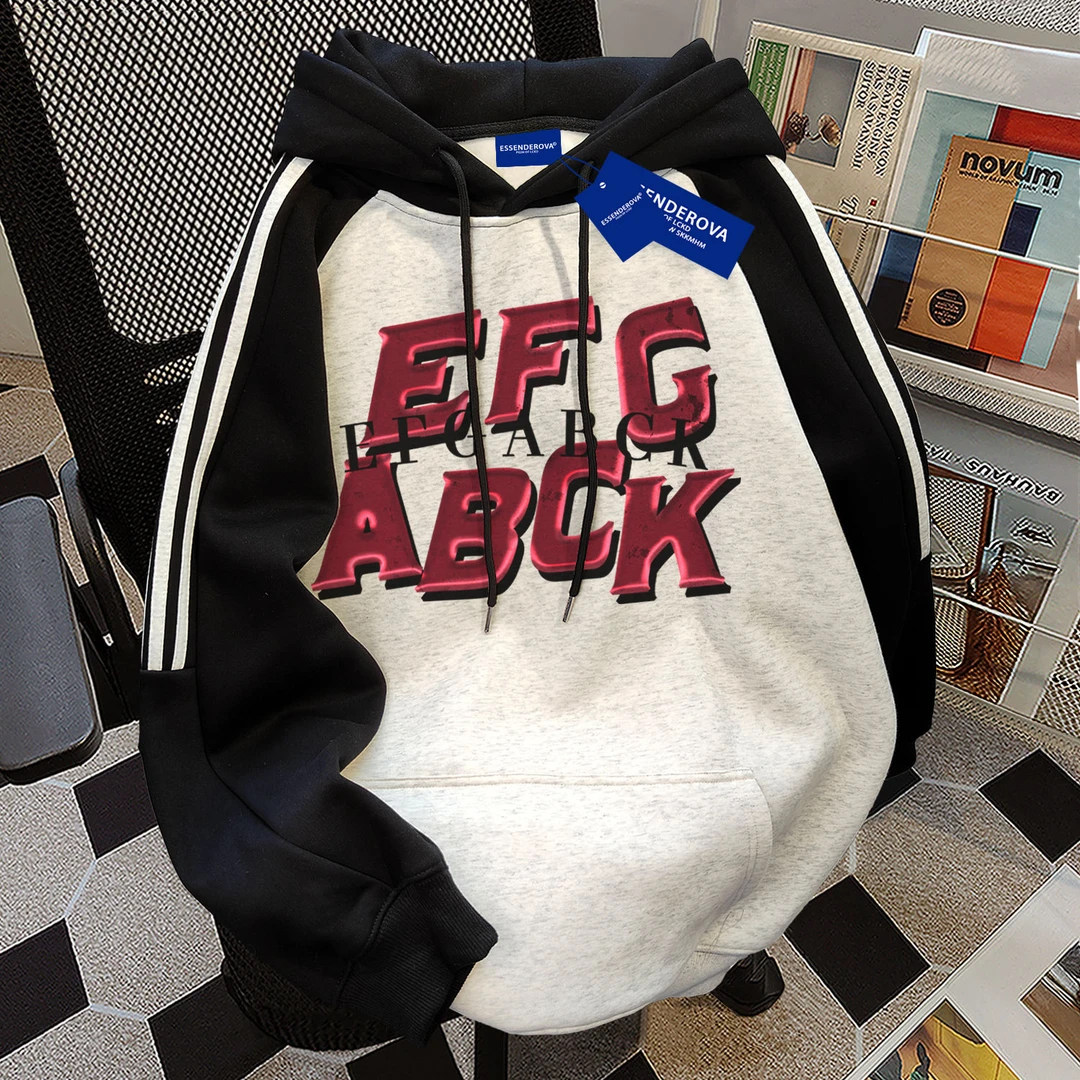 韩版小众欧美潮牌字母三条杠拼接连帽卫衣秋冬加绒简约男女款上衣