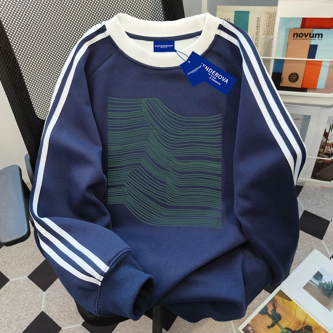 小众慵懒中性高街字母印花三条杠圆领卫衣秋冬加绒爆款男女款上衣