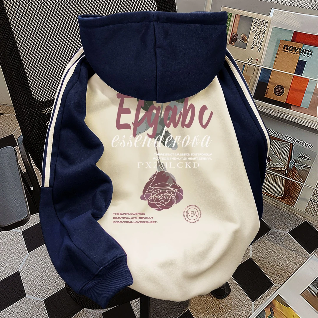 小众慵懒美式复古街头三条杠拼接连帽卫衣女秋冬加绒个性百搭上衣