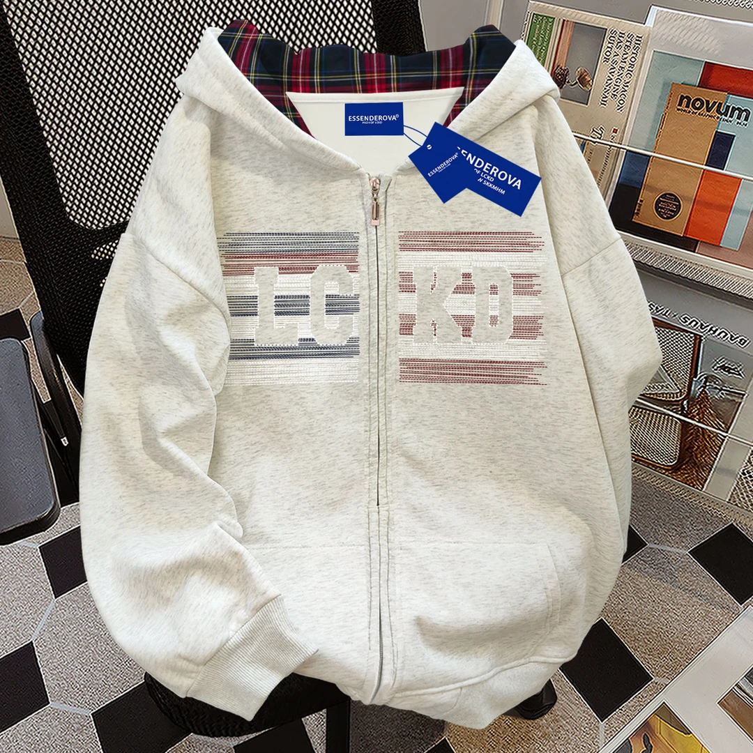 小众韩版涂鸦字母连帽卫衣女秋冬宽松设计感格子开衫外套ins潮牌