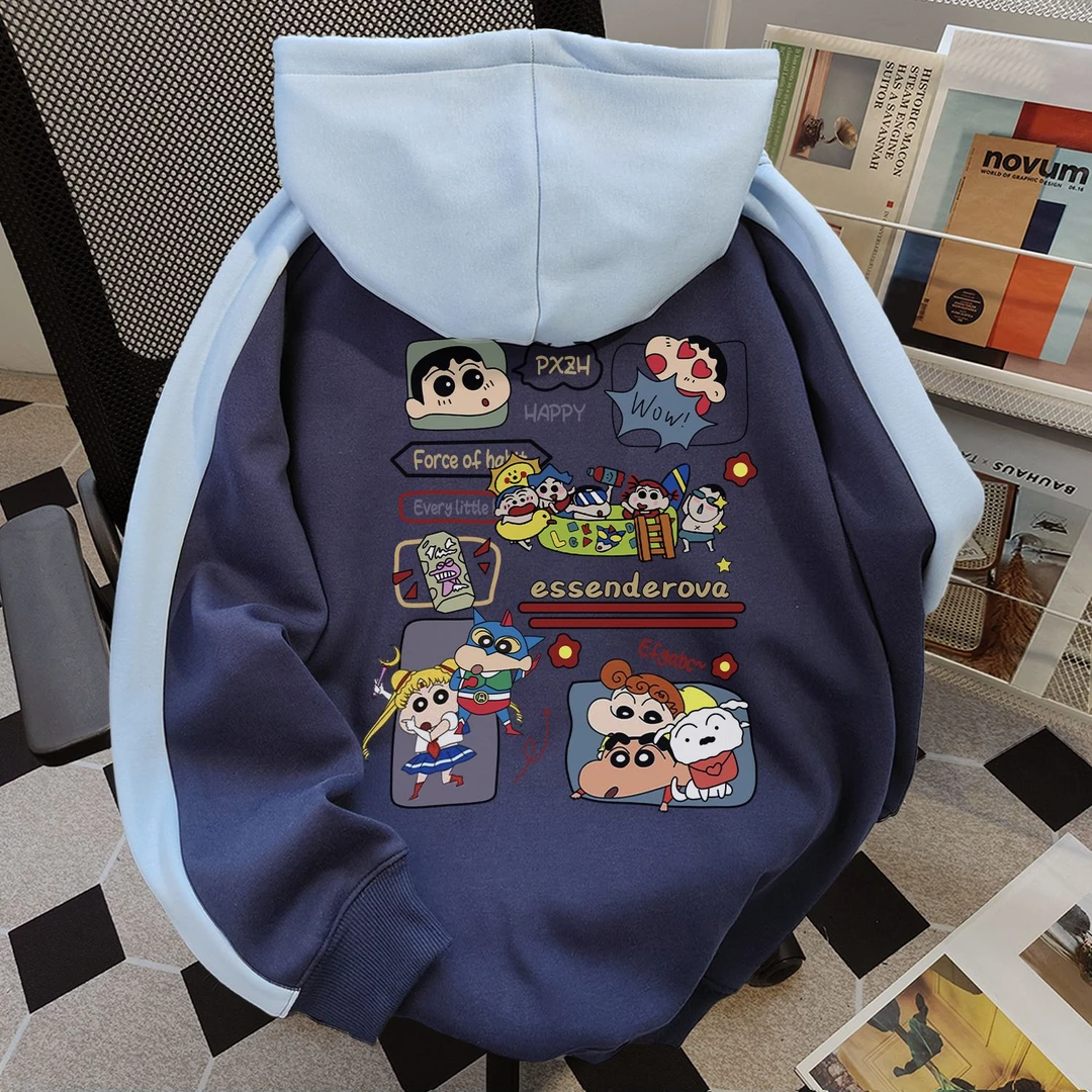 韩版慵懒日系蜡笔小新印花连帽卫衣女秋冬季加绒加厚通勤情侣外套