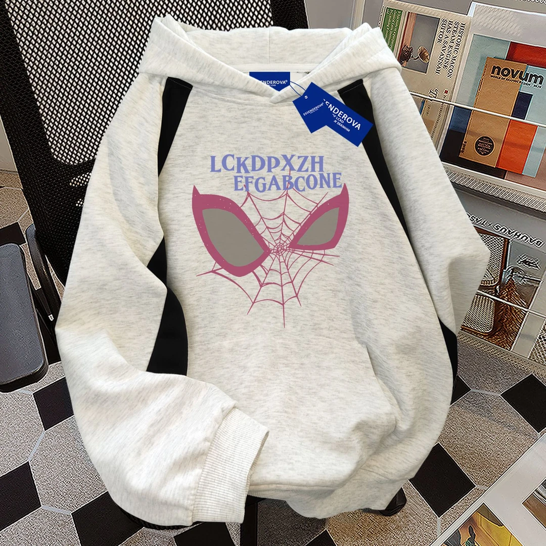 韩版小众潮酷蜘蛛拼接连帽卫衣女秋冬季加绒高街嘻哈oversize上衣