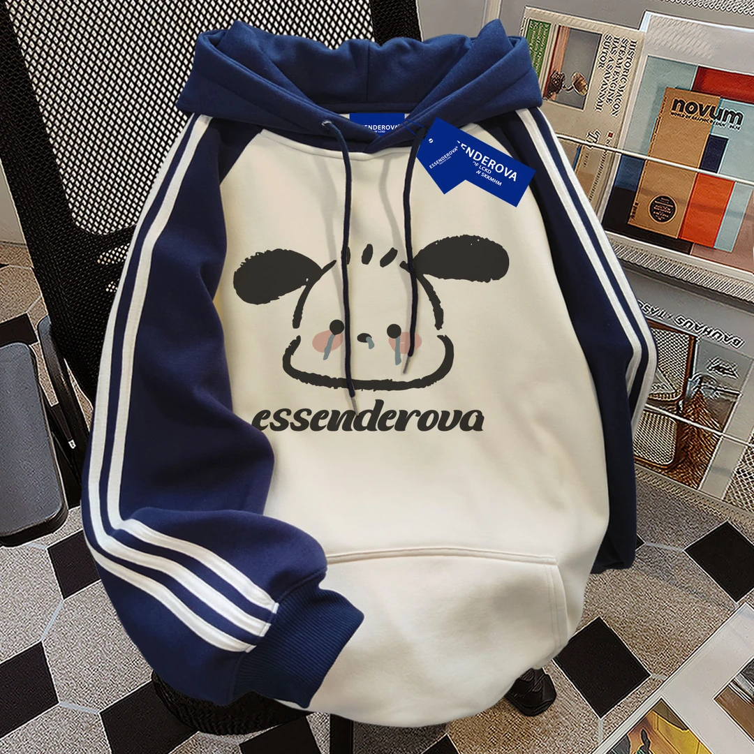 慵懒小众韩系复古潮牌三条杠拼接连帽卫衣男女款秋冬加绒保暖上衣