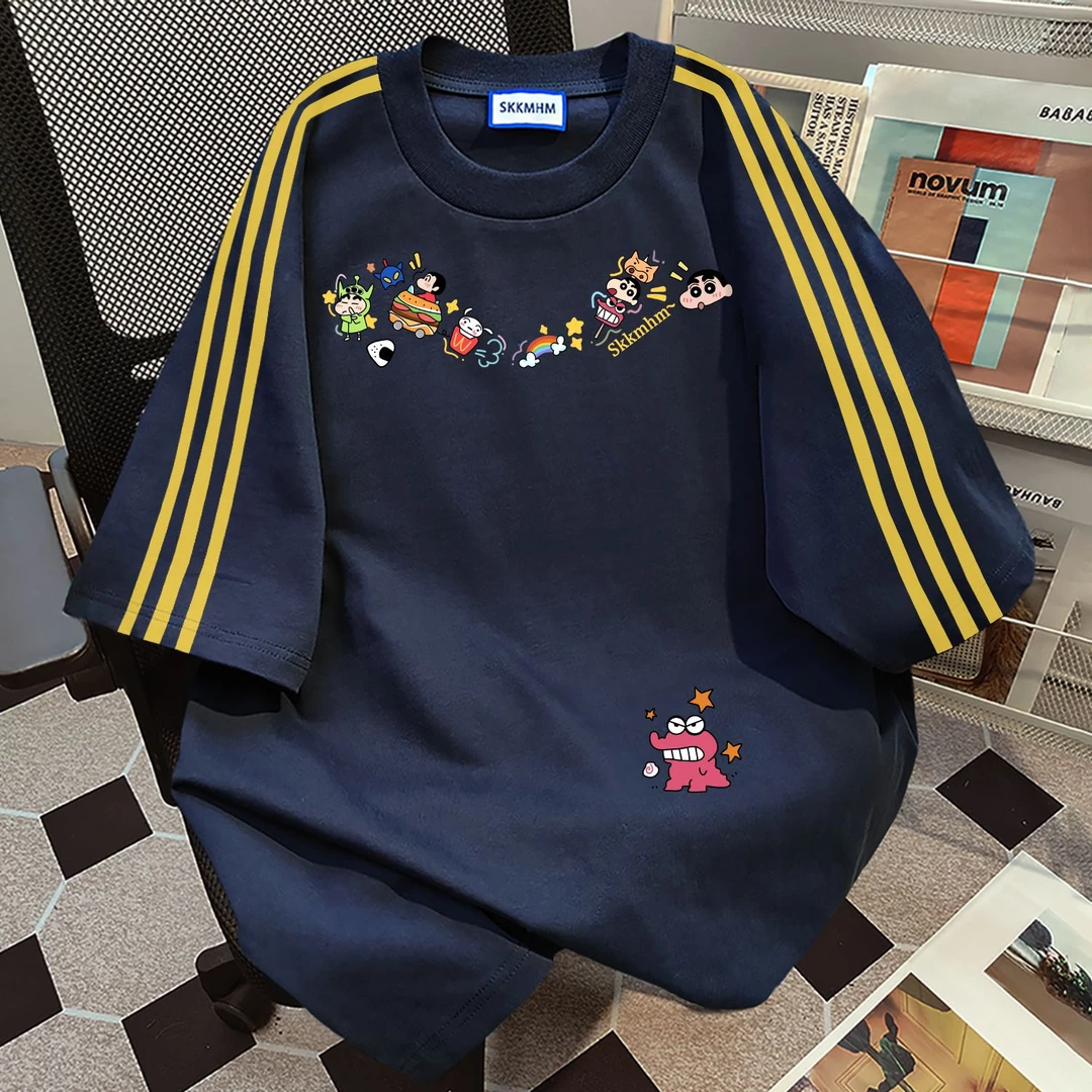 100%纯棉欧美设计感三条杠短袖卡通印花t恤男女夏季宽松情侣上衣