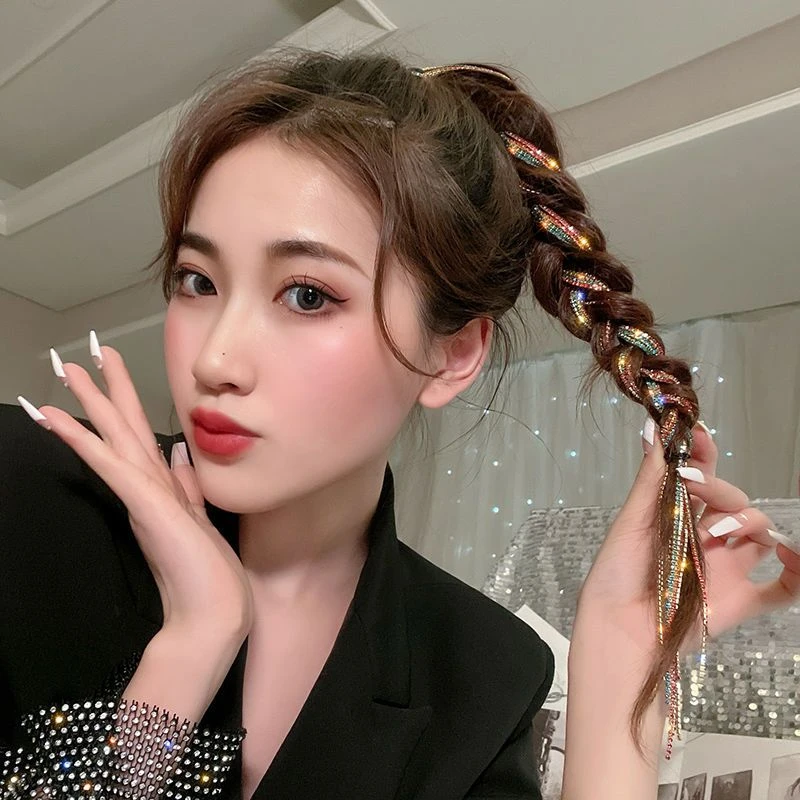 合金发饰 彩虹绳脏脏辫女炫彩闪钻链条马尾点缀头饰辫子编发神器