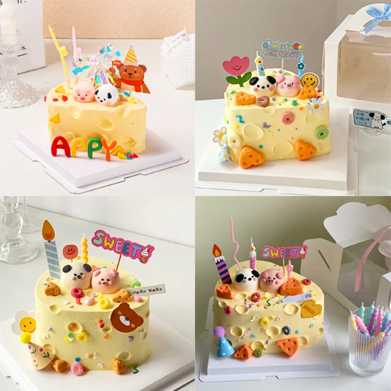 网红奶酪蛋糕装饰摆件卡通可爱小猪小狗摆件彩色蜡烛儿童生日插件