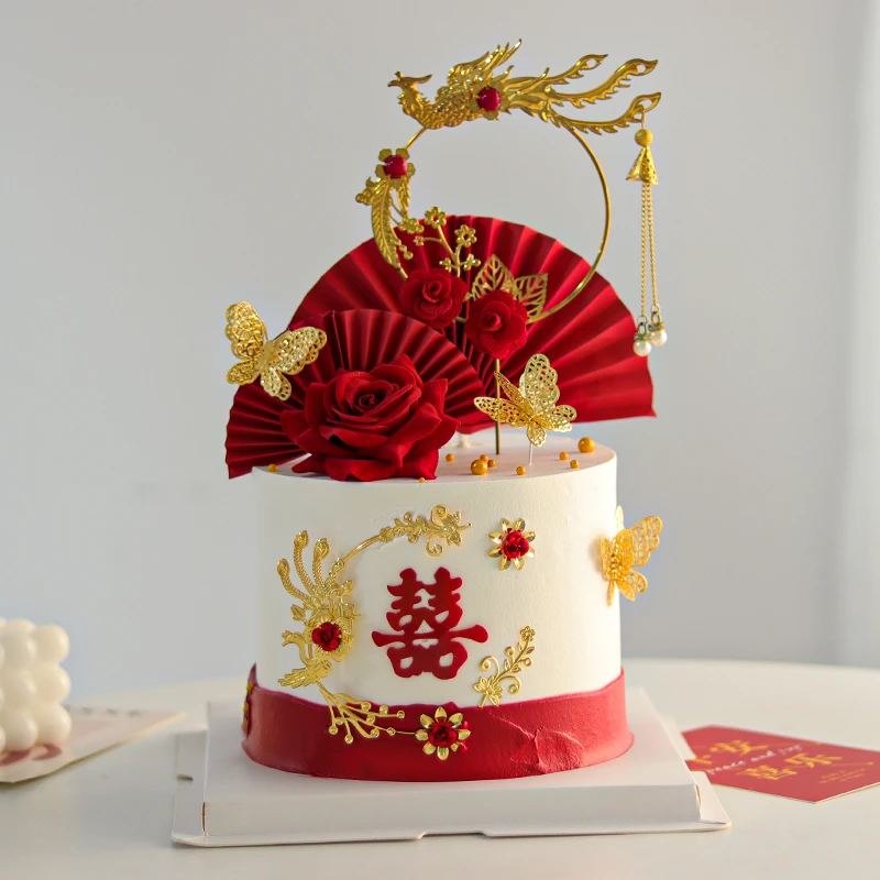 包邮中式婚礼凤凰于飞插件圆环囍字烘焙结婚蛋糕装饰甜品台摆件