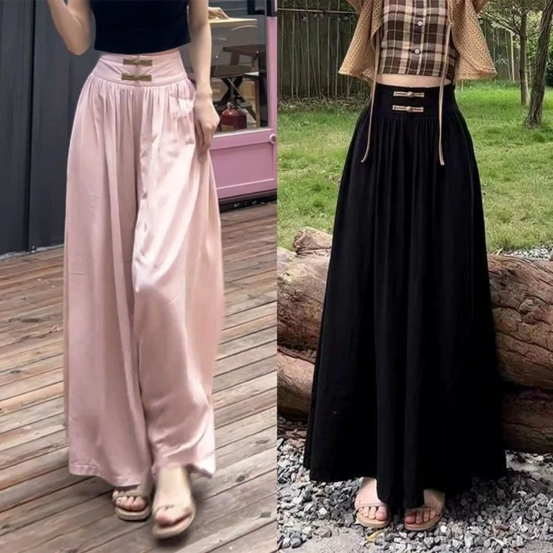 盘扣高腰长款垂坠感阔腿裙裤女中式宽松显瘦休闲裤个性小众Y528