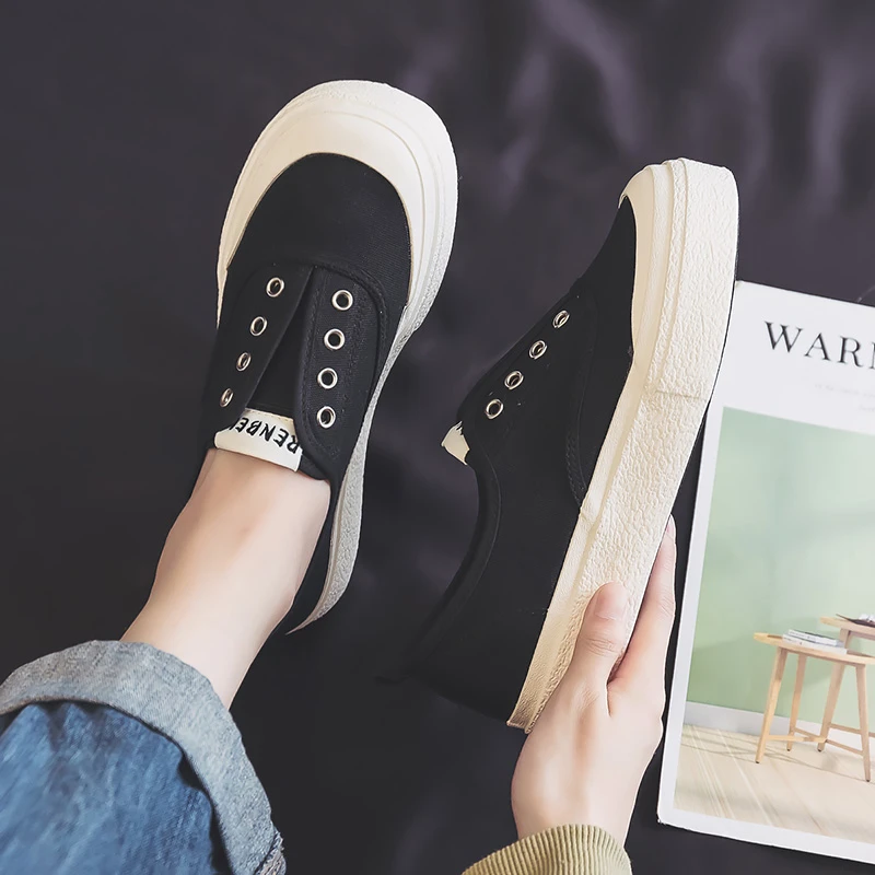 人本帆布鞋女2025夏季透气厚底增高百搭懒人一脚蹬鞋渔夫鞋板鞋子