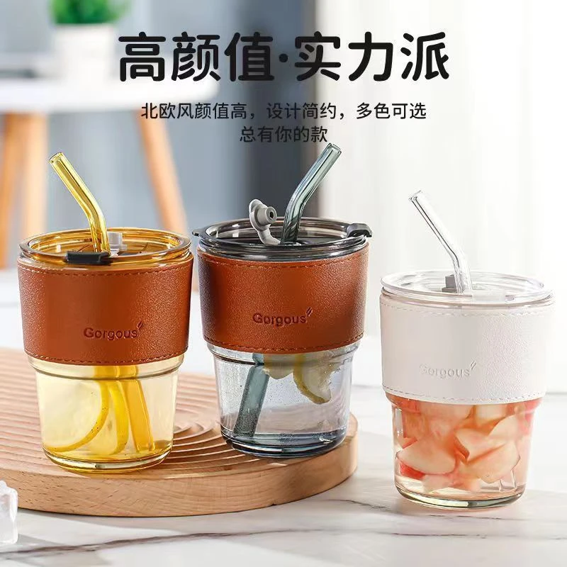 网红高颜值ins风家用创意竹节杯耐热玻璃杯吸管水杯带盖两用茶杯i