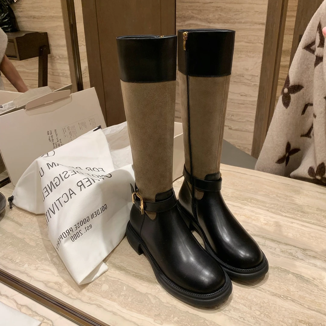 时尚拼色百搭皮带扣侧拉链圆头厚底真皮中长筒瘦瘦靴骑士靴女秋冬