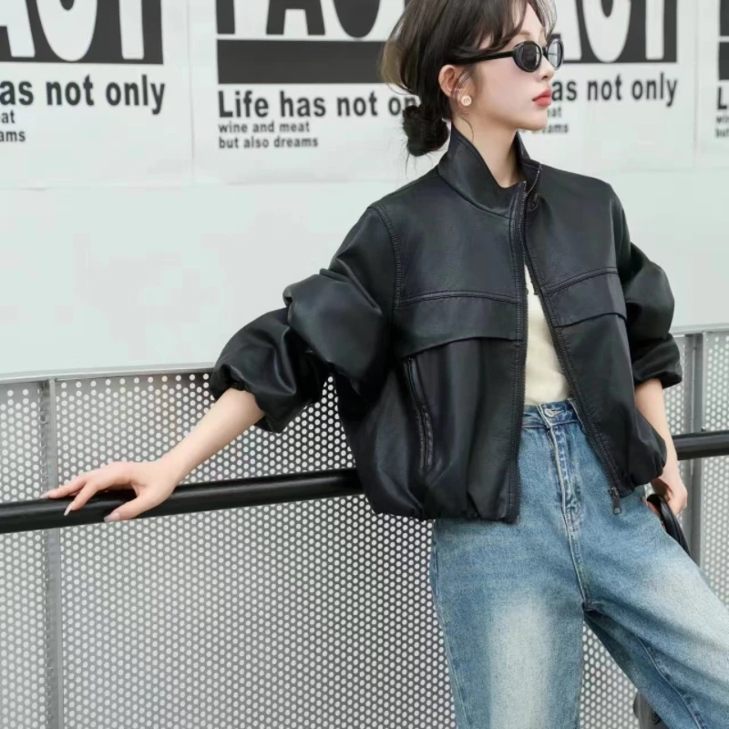 宽松版型休闲皮衣夹克外套女春秋冬新款显瘦机车立领软皮上衣潮女
