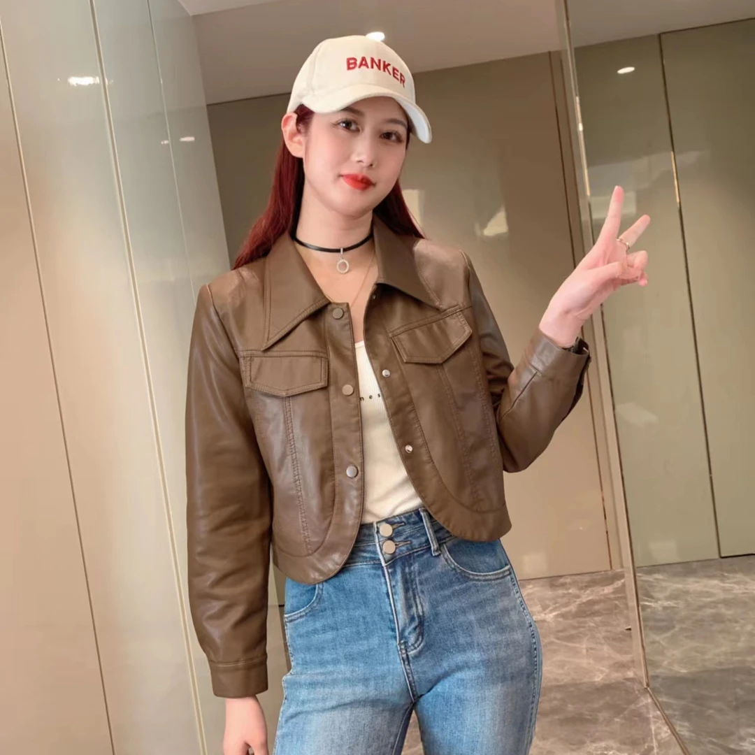 秋冬新款短款外套女pu皮皮衣上衣夹克翻领长袖