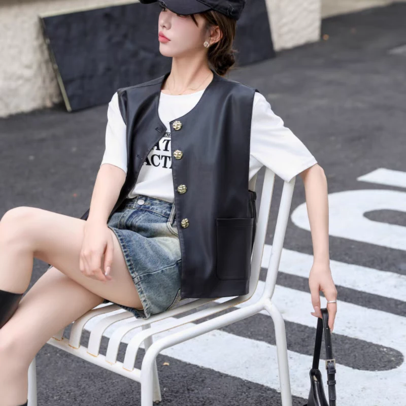 宽松显瘦软皮马甲上衣女秋冬季时尚单排扣韩版背心植鞣皮无袖坎肩