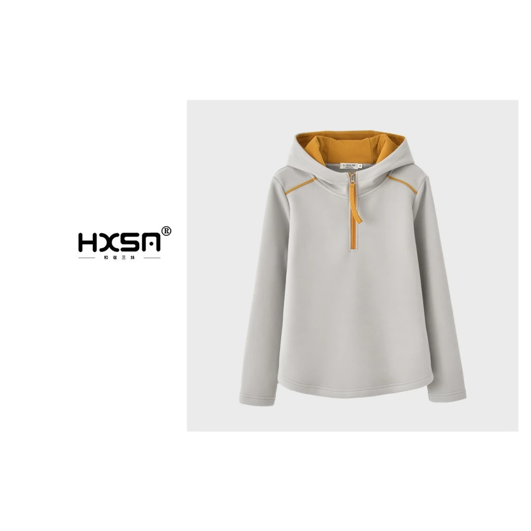 HXSM「撞色糯糯衣」冬加绒加厚半拉链连帽卫衣1547
