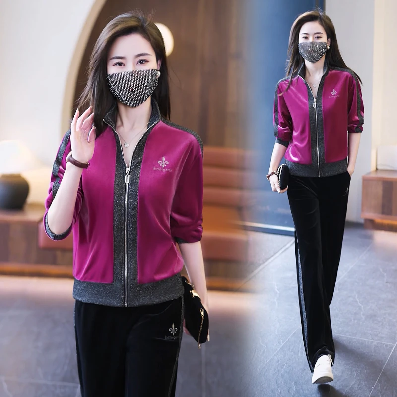 2025新款洋气金丝绒两件套运动休闲气质立领开衫外套直筒裤套装女