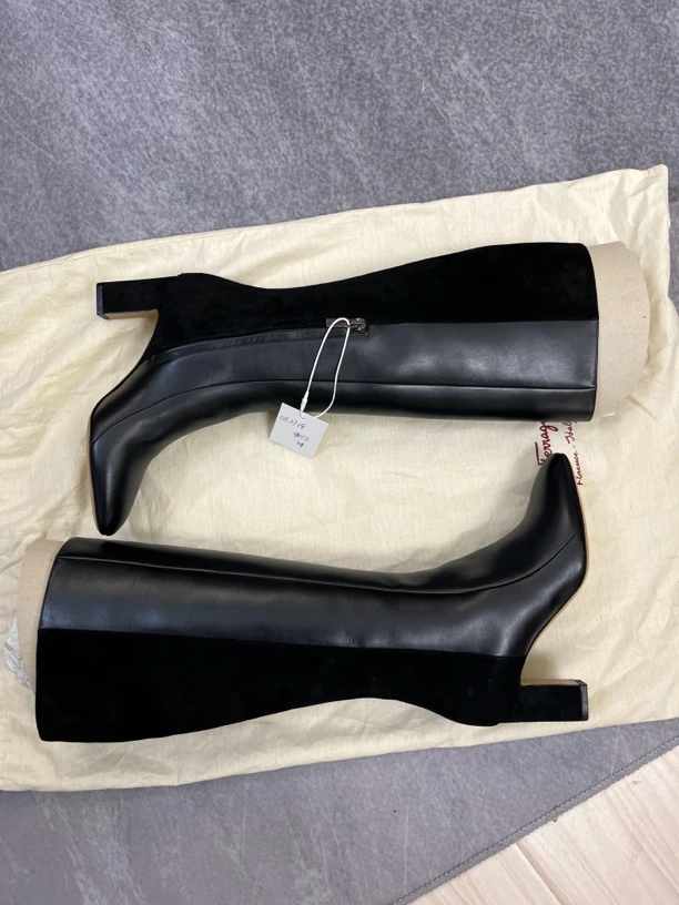 95新 FERRAGAMO/菲拉格慕 菲拉格慕黑色高跟长筒靴33.5码95新
