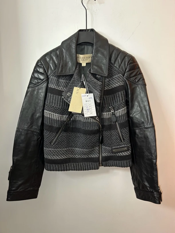 Burberry黑色短款皮袖上衣外套99新