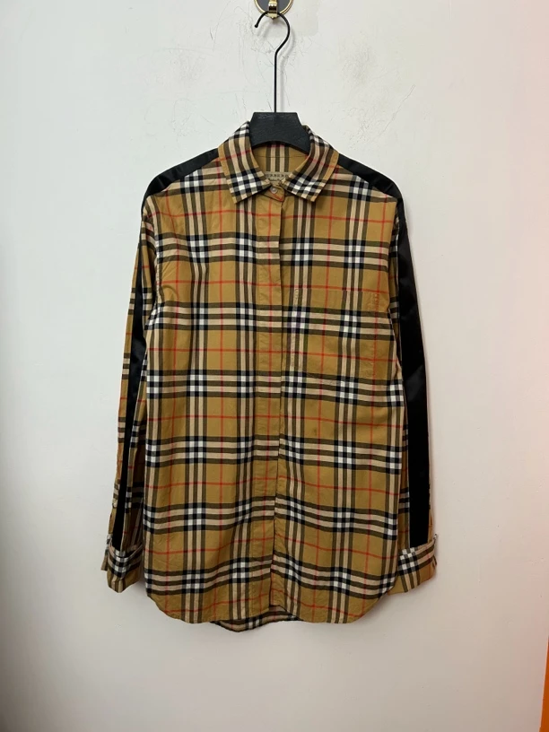 Burberry经典格纹拼黑条长袖衬衫95新