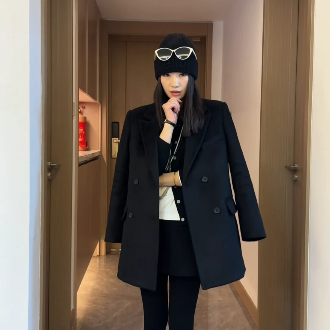 中长款女防风羊毛呢外套上衣设计师女装黑色网红冬季显瘦双排扣