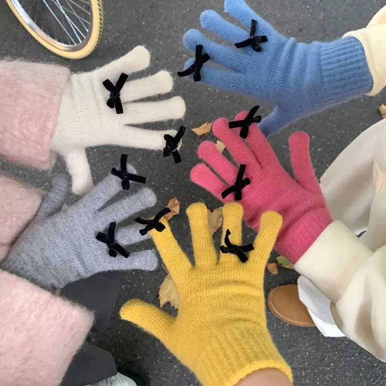 灰色蝴蝶结糖果色手套冬天女秋冬季韩版学生保暖针织分指毛线冬天