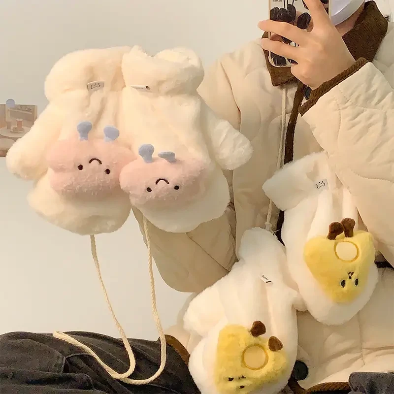 可爱立体卡通毛绒手套可挂脖秋冬款加绒加厚保暖学生骑车连指防寒