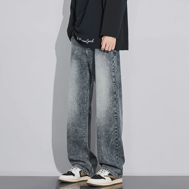 美式复古牛仔裤男士秋季款2024新款磨白休闲百搭直筒宽松阔腿裤子